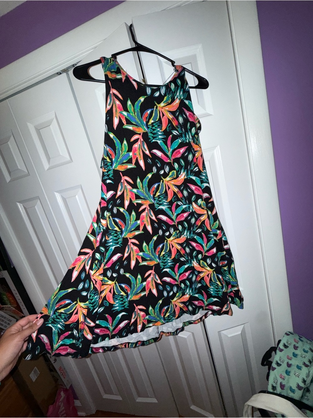 C&C California Black Midi Dress with Tropical Multicolor Leaf Print